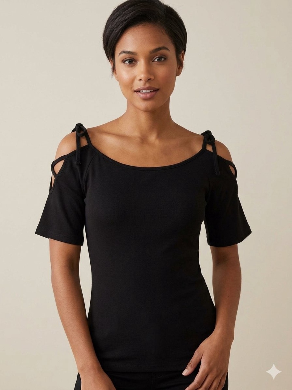 Ambiance Black Cold-Shoulder Tie-Shoulder Tank Top